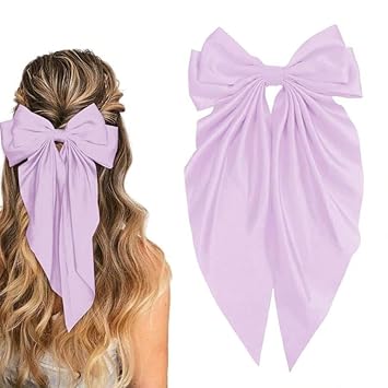 Idiyaas Hair Bow Women Satin Silky Layered Hair Barrettes with Big Ribbon Bow Clip for Women and Girls Large Vintage Hair Accessories French Style (Purple-1 pc)